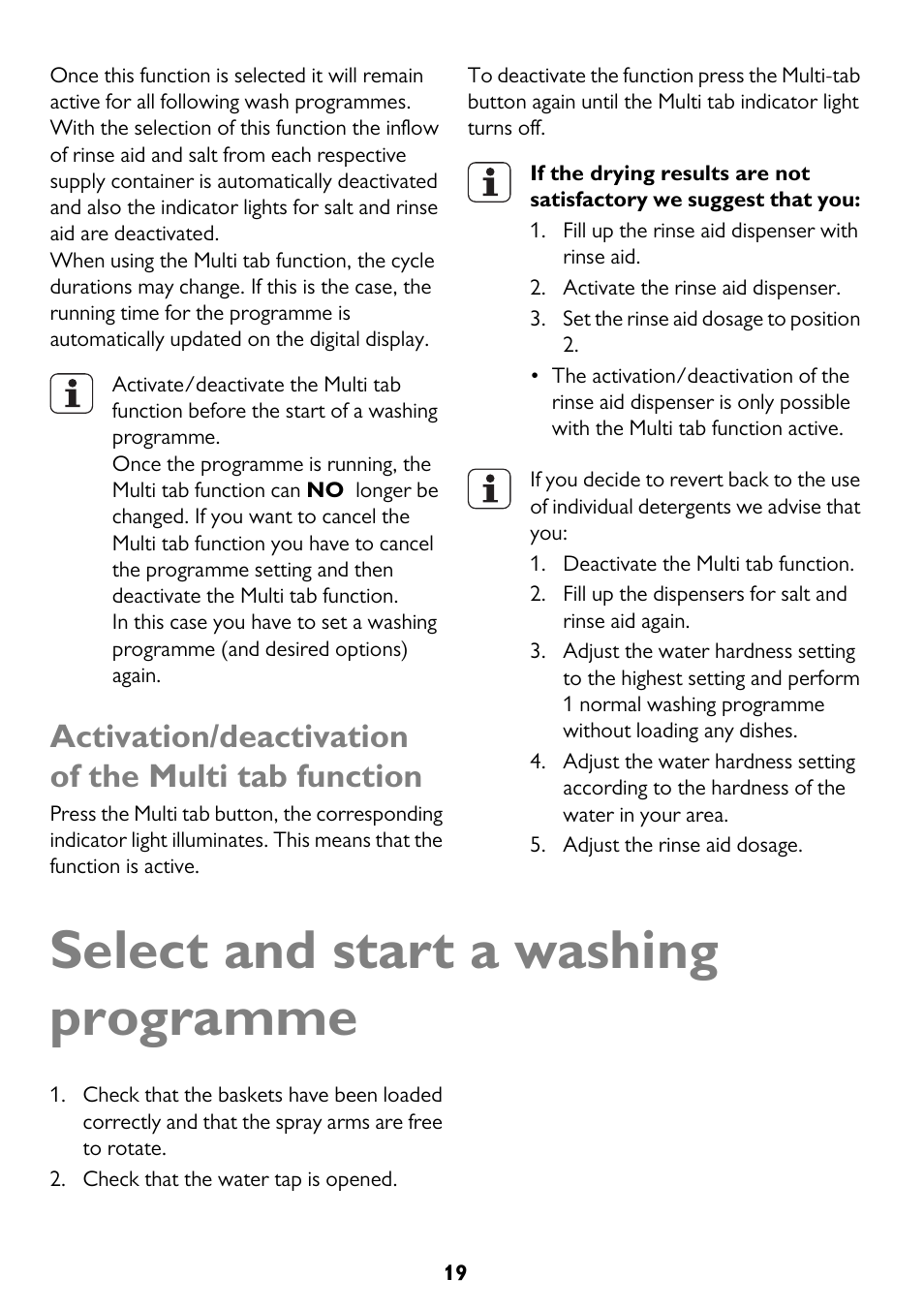Select and start a washing programme, Activation/deactivation of the multi tab function | John Lewis JLDWW 1206 User Manual | Page 19 / 36