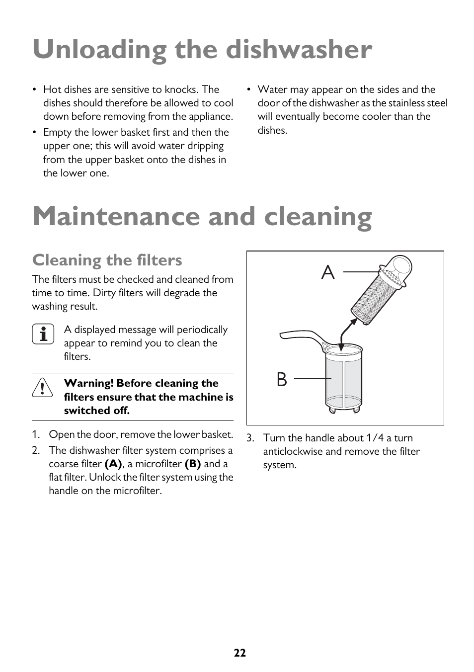 Unloading the dishwasher, Maintenance and cleaning, Cleaning the filters | John Lewis JLDWW 1206 User Manual | Page 22 / 36