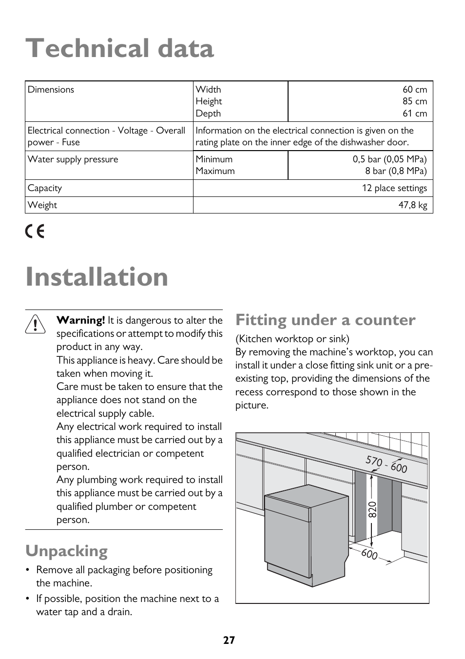 Technical data, Installation, Unpacking | Fitting under a counter | John Lewis JLDWW 1206 User Manual | Page 27 / 36