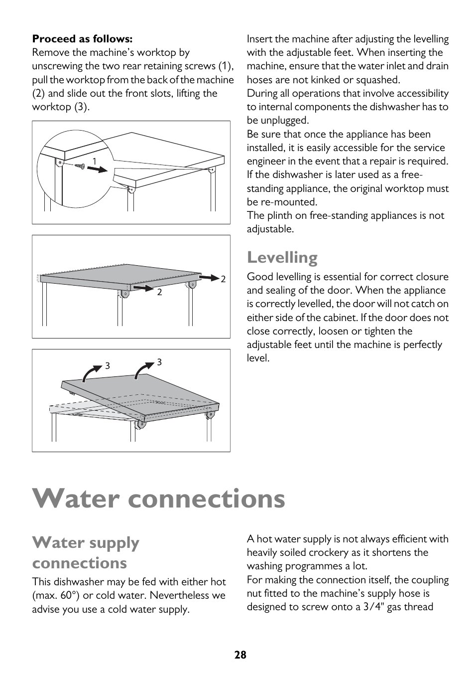 Water connections, Levelling, Water supply connections | John Lewis JLDWW 1206 User Manual | Page 28 / 36