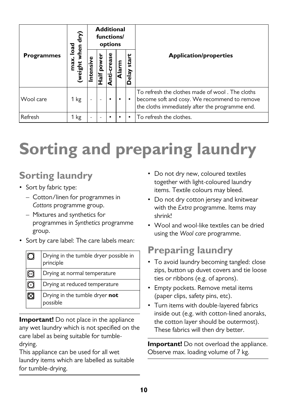 Sorting and preparing laundry, Sorting laundry, Preparing laundry | John Lewis JLTDH14 User Manual | Page 10 / 28