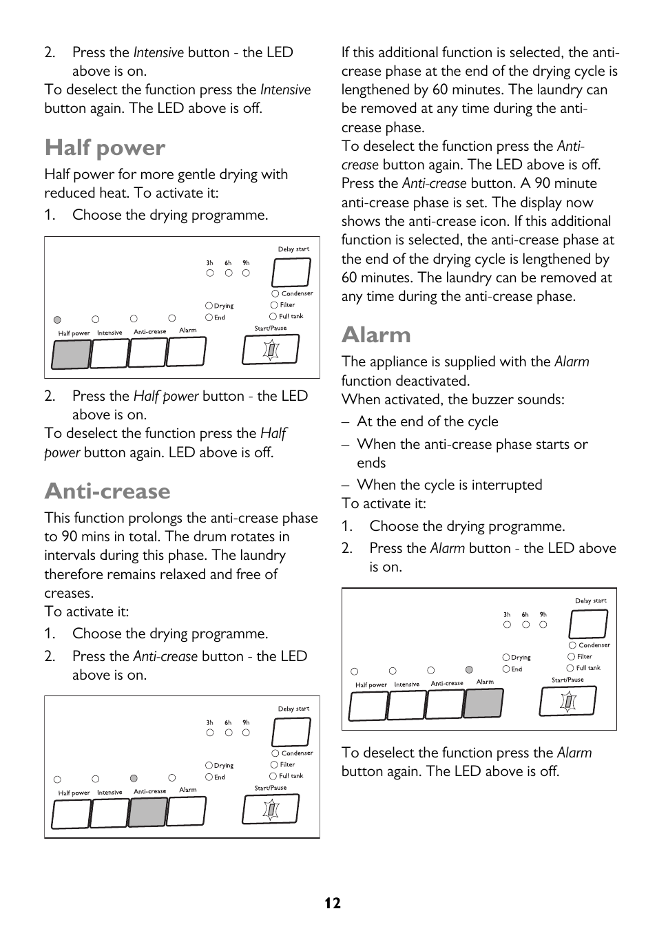 Half power, Anti-crease, Alarm | John Lewis JLTDH14 User Manual | Page 12 / 28