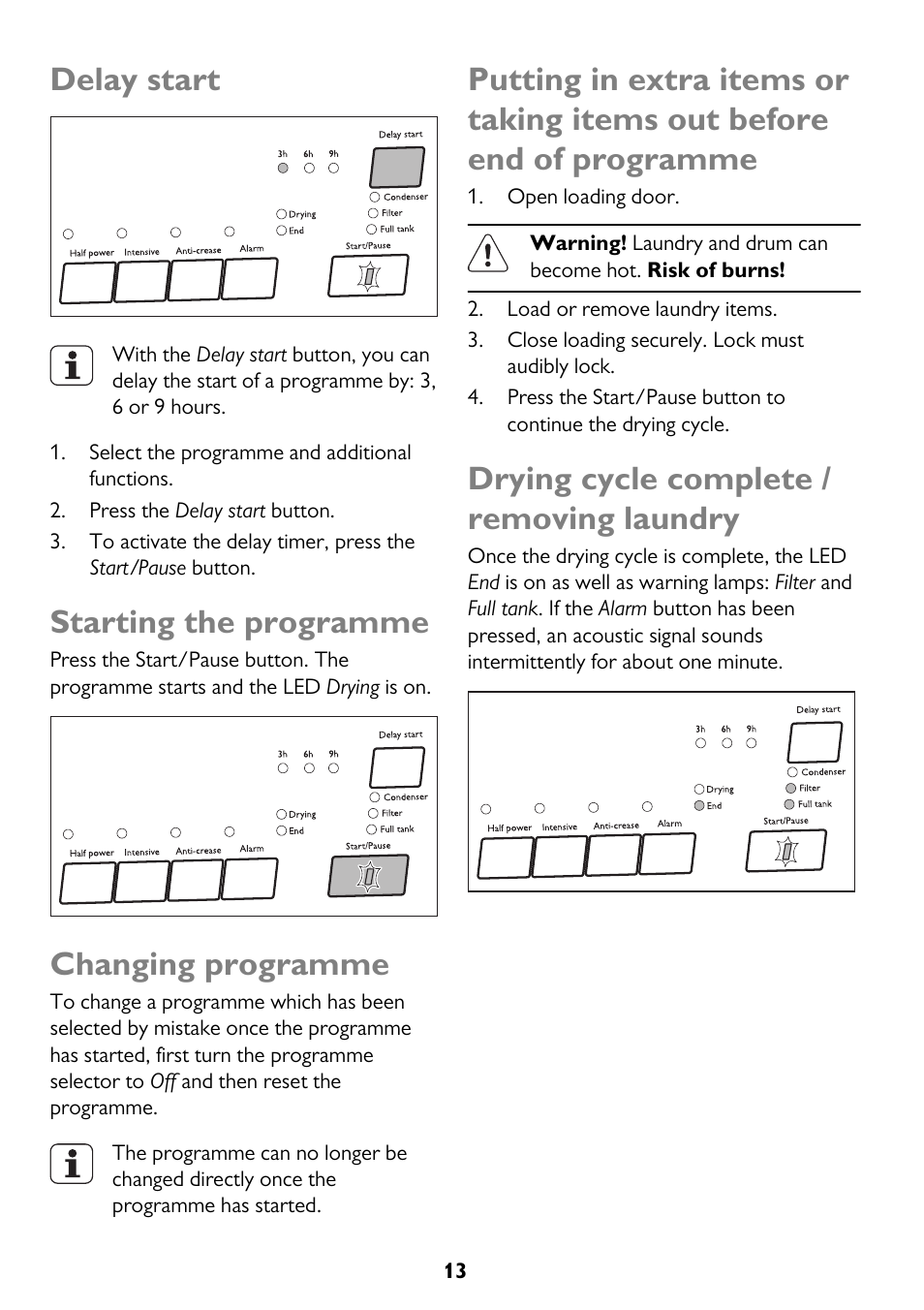 Delay start, Starting the programme, Changing programme | Drying cycle complete / removing laundry | John Lewis JLTDH14 User Manual | Page 13 / 28
