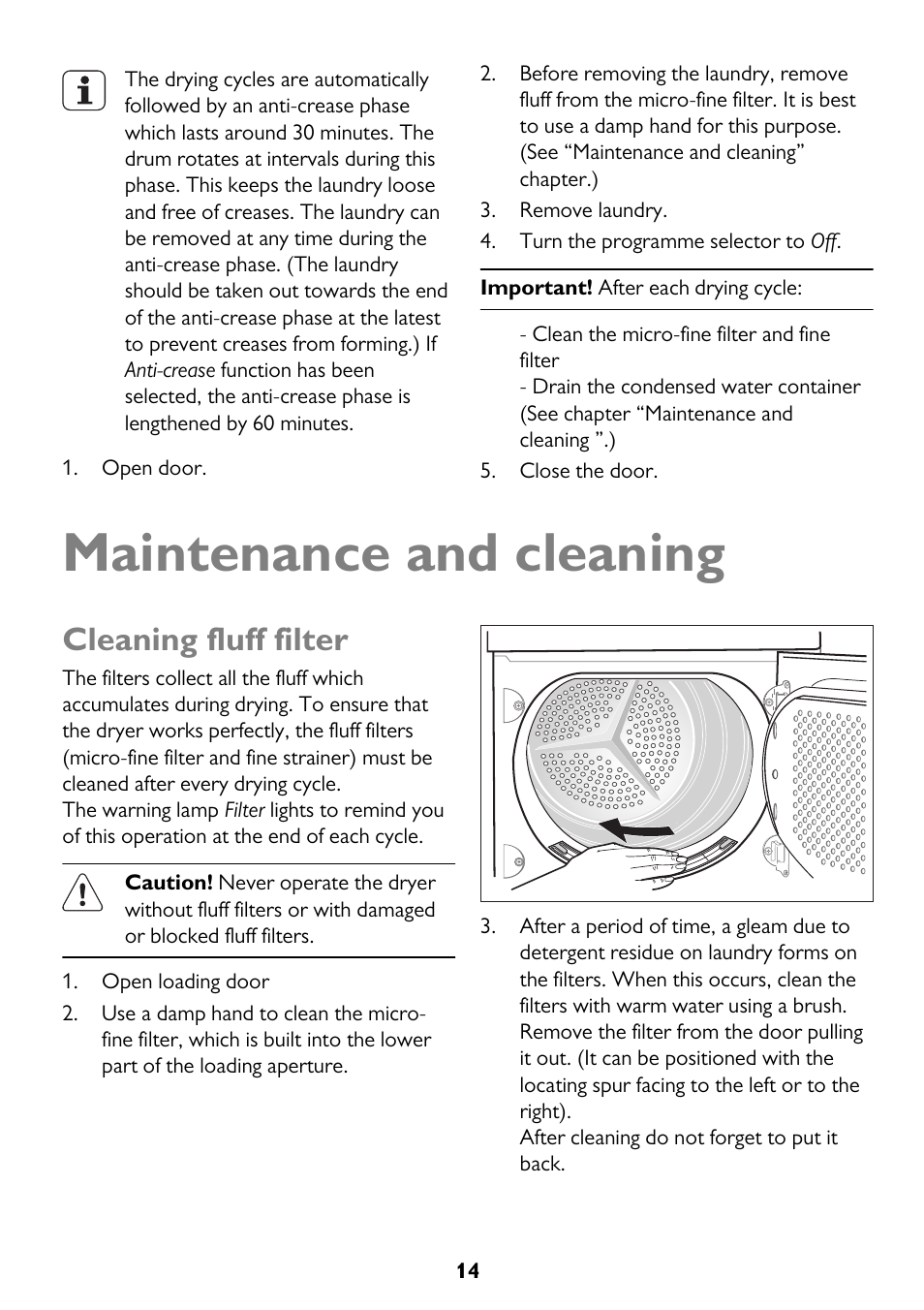 Maintenance and cleaning, Cleaning fluff filter | John Lewis JLTDH14 User Manual | Page 14 / 28