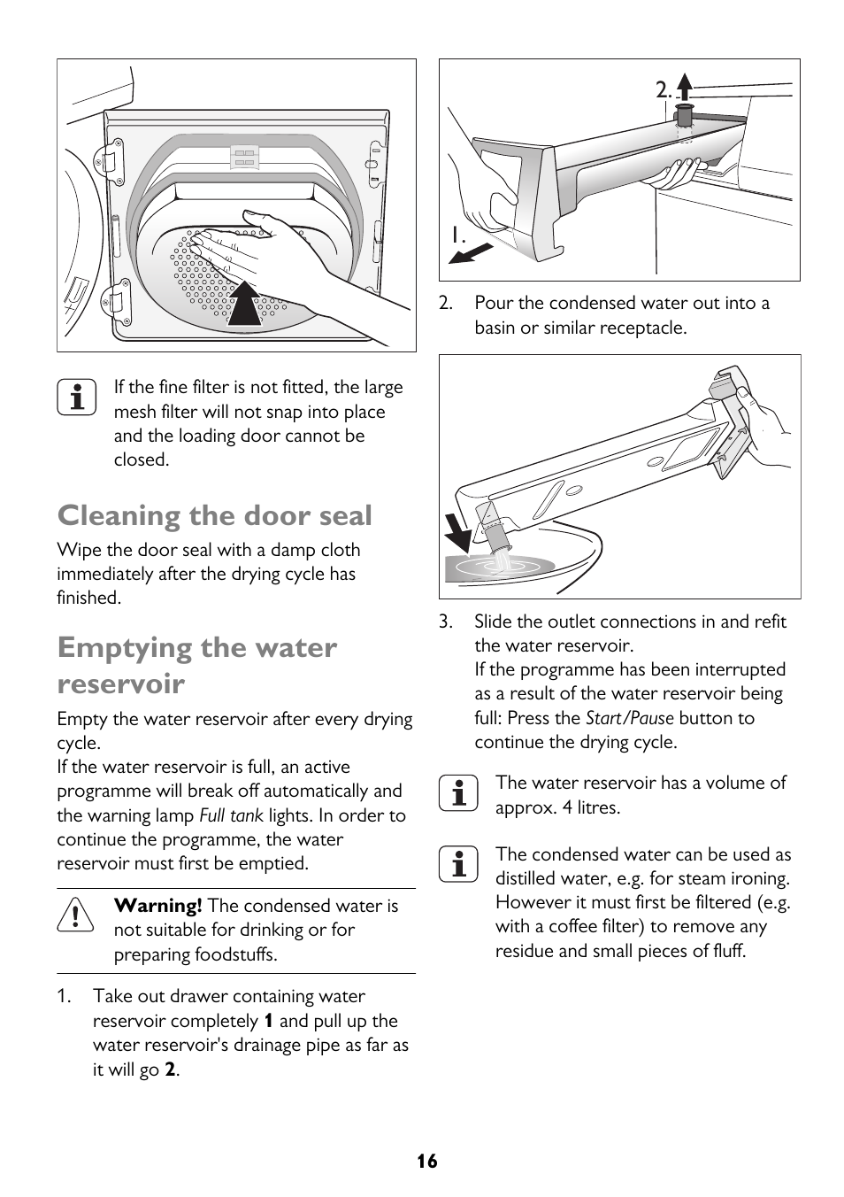 Cleaning the door seal, Emptying the water reservoir | John Lewis JLTDH14 User Manual | Page 16 / 28