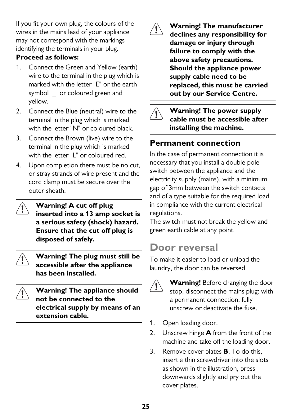 Door reversal, Permanent connection | John Lewis JLTDH14 User Manual | Page 25 / 28