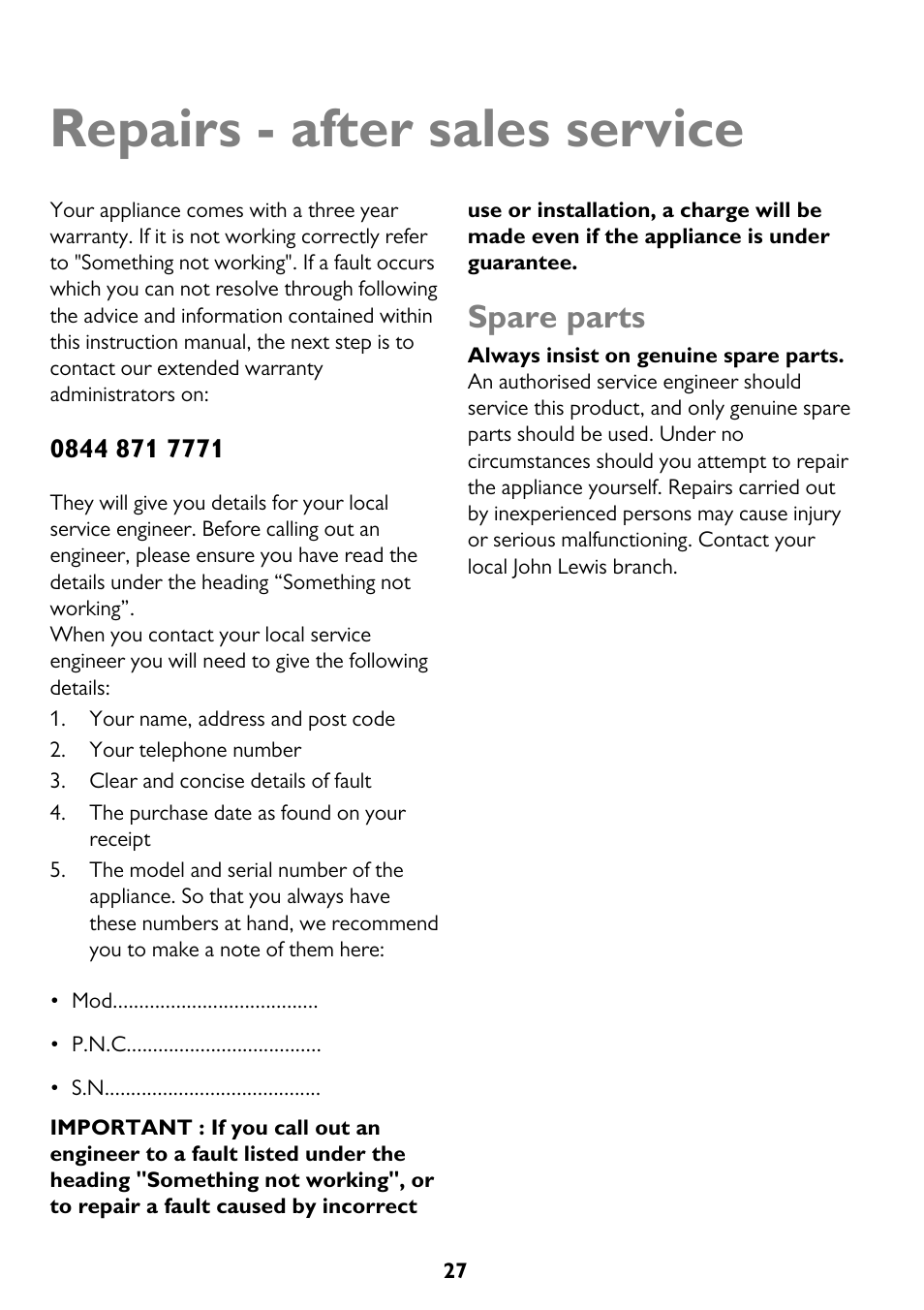 Repairs - after sales service, Spare parts | John Lewis JLTDH14 User Manual | Page 27 / 28