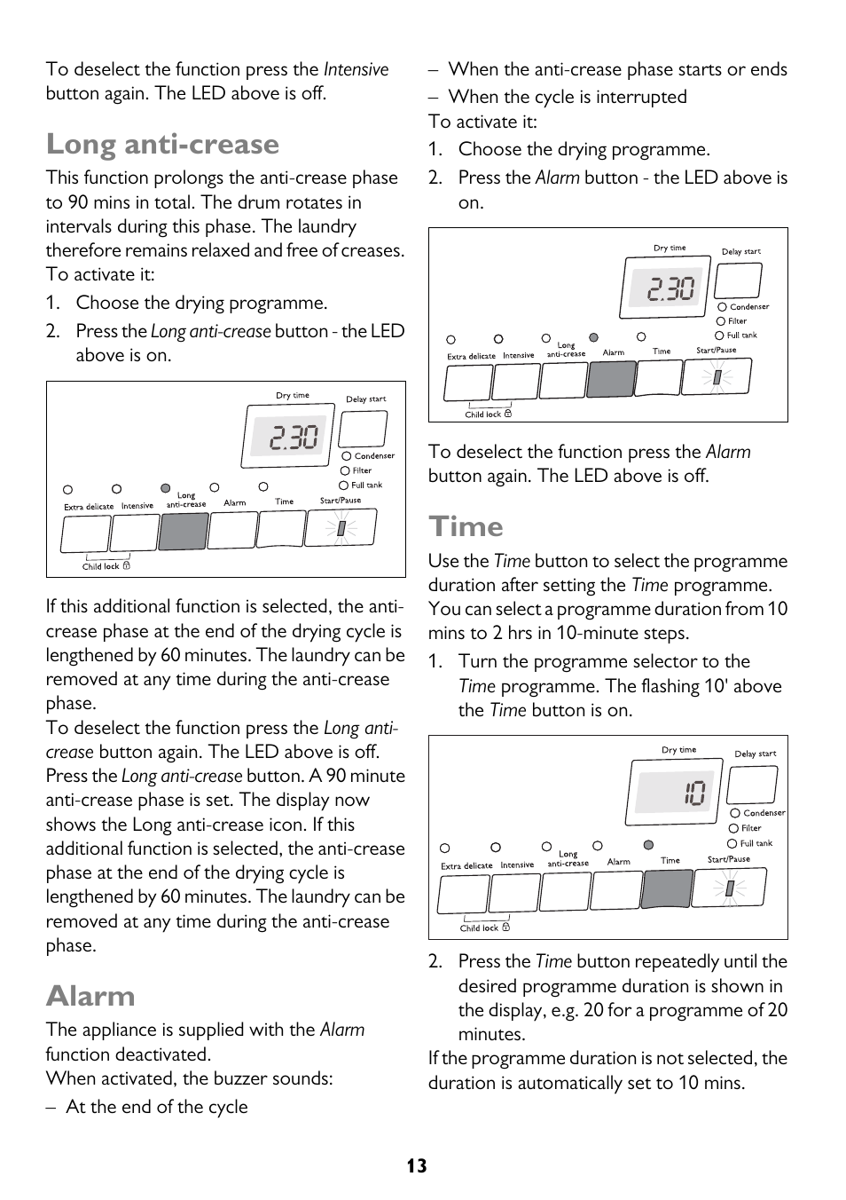 Long anti-crease, Alarm, Time | John Lewis U33046 JLTDC10 User Manual | Page 13 / 32