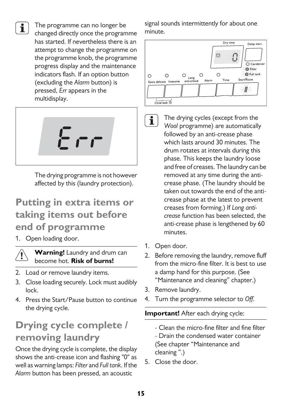 Drying cycle complete / removing laundry | John Lewis U33046 JLTDC10 User Manual | Page 15 / 32