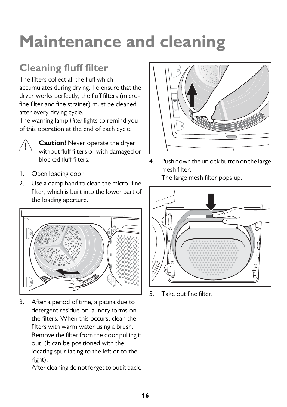 Maintenance and cleaning, Cleaning fluff filter | John Lewis U33046 JLTDC10 User Manual | Page 16 / 32