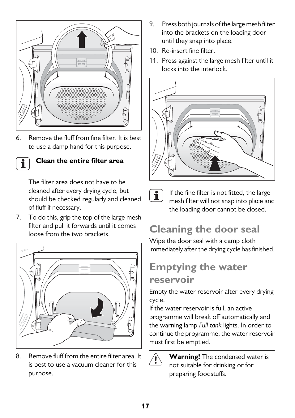 Cleaning the door seal, Emptying the water reservoir | John Lewis U33046 JLTDC10 User Manual | Page 17 / 32