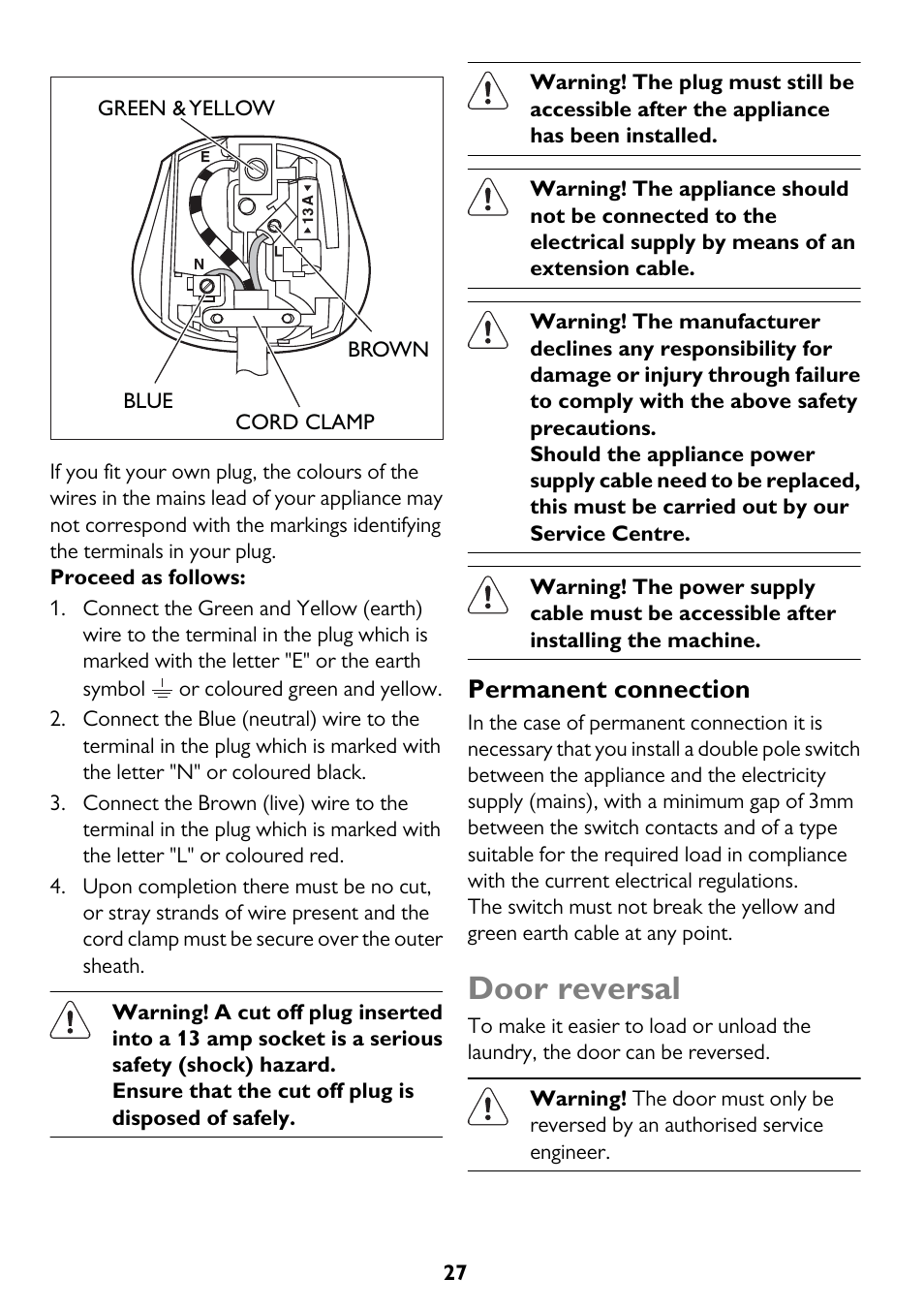 Door reversal, Permanent connection | John Lewis U33046 JLTDC10 User Manual | Page 27 / 32