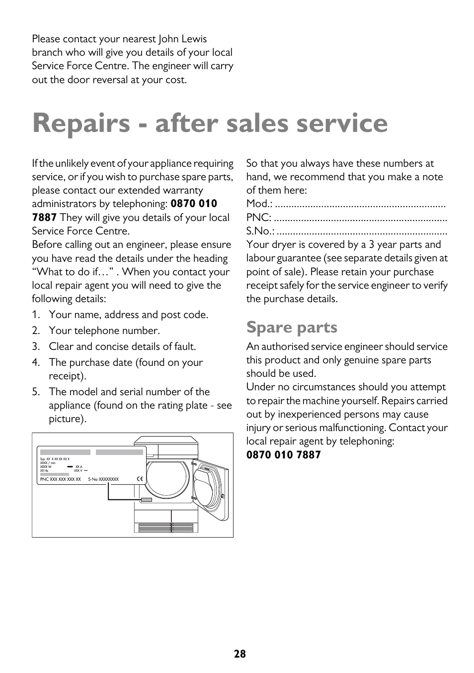 Repairs - after sales service, Spare parts | John Lewis U33046 JLTDC10 User Manual | Page 28 / 32