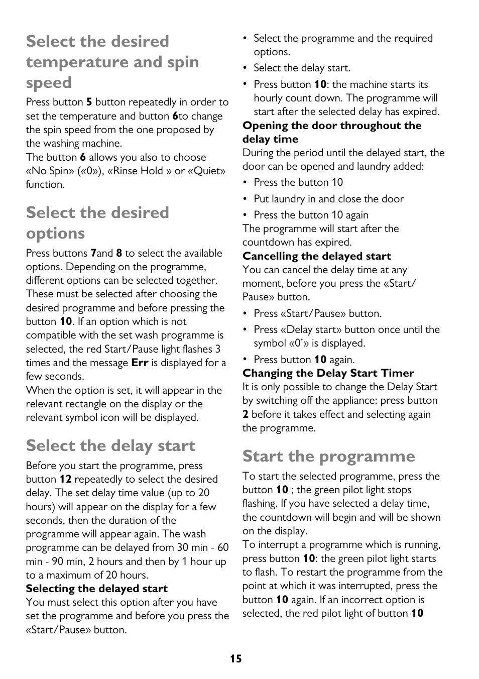 Select the desired temperature and spin speed, Select the desired options, Select the delay start | Start the programme | John Lewis JLWM 1410 User Manual | Page 15 / 44