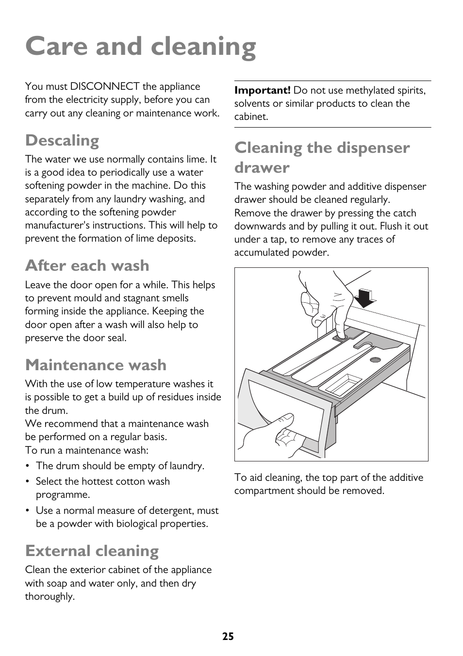 Care and cleaning, Descaling, After each wash | Maintenance wash, External cleaning, Cleaning the dispenser drawer | John Lewis JLWM 1410 User Manual | Page 25 / 44