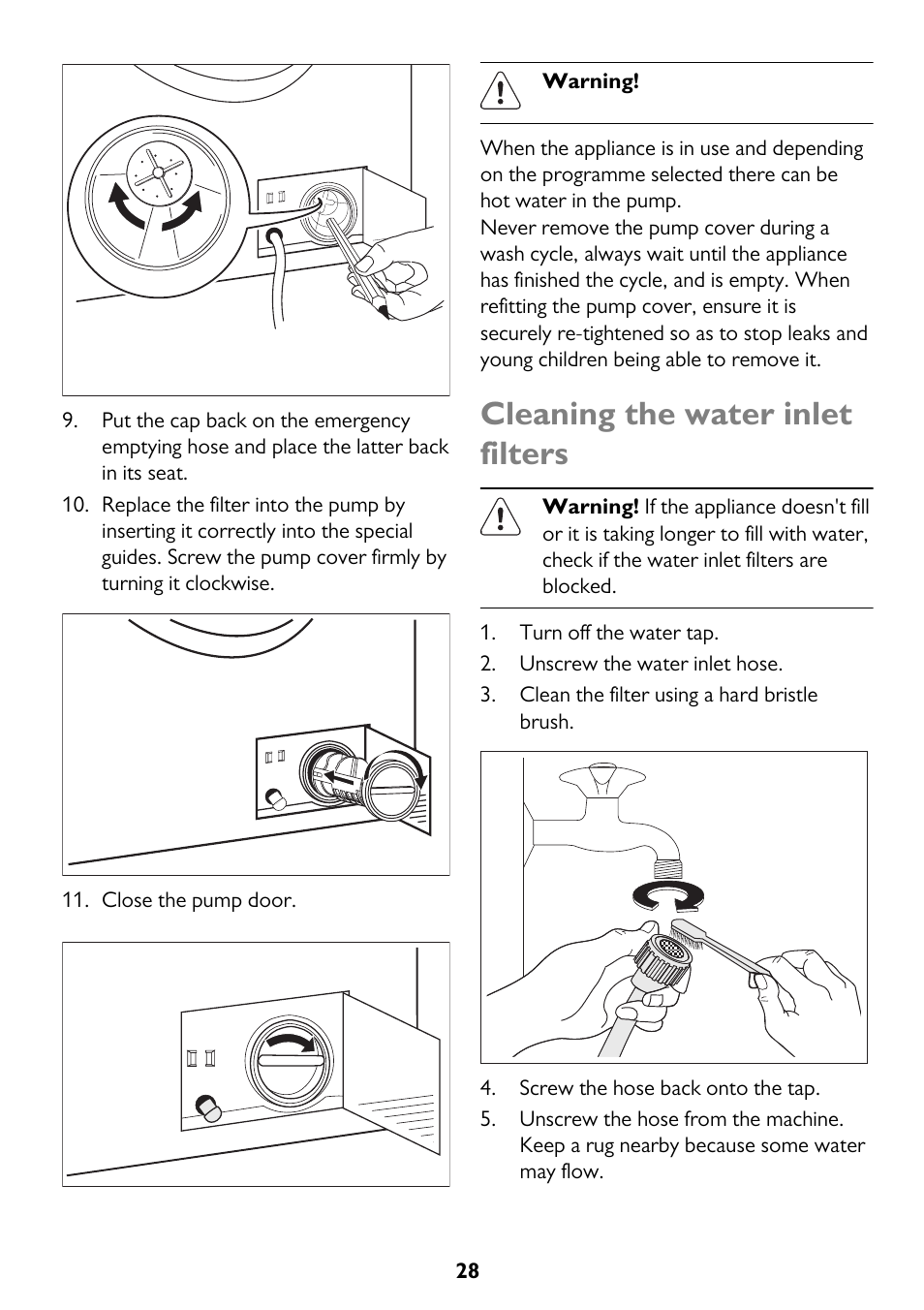 Cleaning the water inlet filters | John Lewis JLWM 1410 User Manual | Page 28 / 44