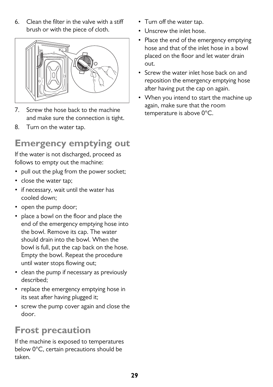 Emergency emptying out, Frost precaution | John Lewis JLWM 1410 User Manual | Page 29 / 44