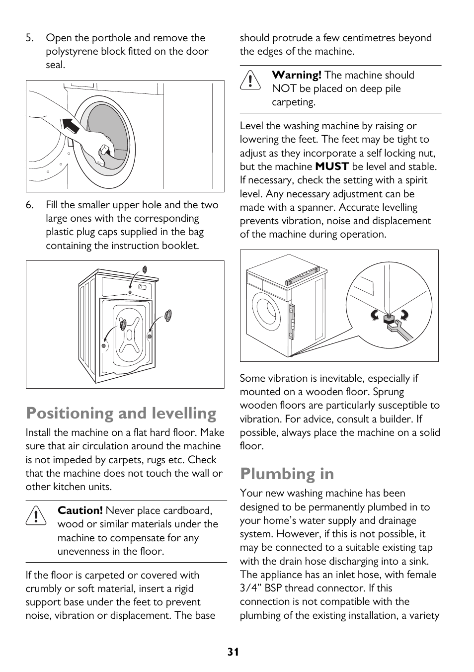 Positioning and levelling, Plumbing in | John Lewis JLWM 1410 User Manual | Page 31 / 44