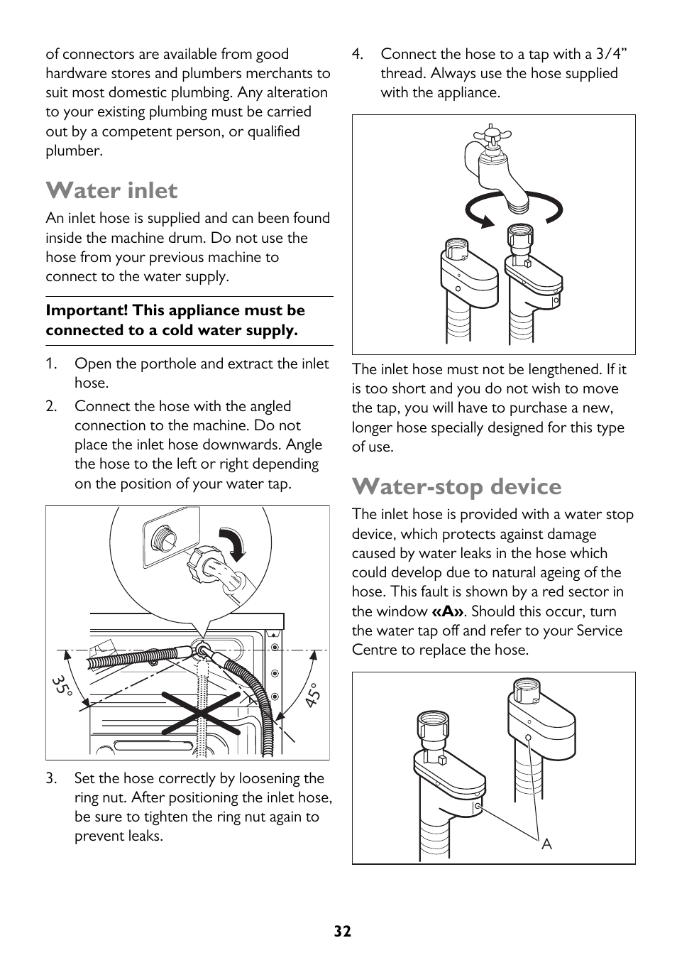 Water inlet, Water-stop device | John Lewis JLWM 1410 User Manual | Page 32 / 44