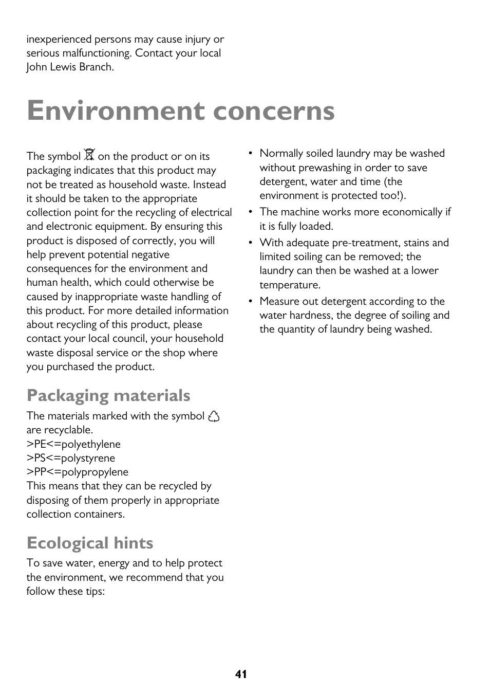 Environment concerns, Packaging materials, Ecological hints | John Lewis JLWM 1410 User Manual | Page 41 / 44
