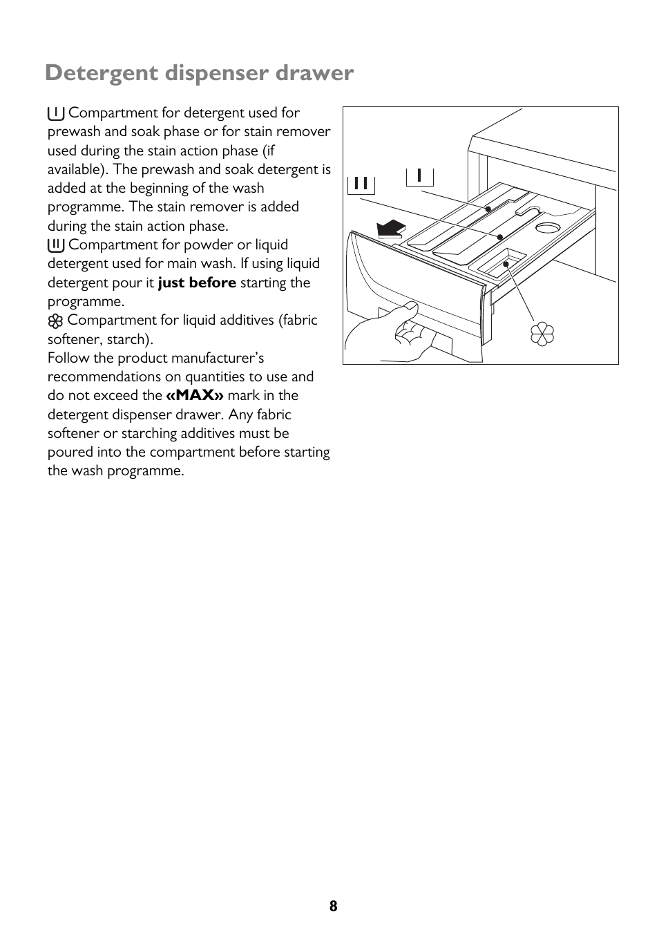 Detergent dispenser drawer | John Lewis JLWM 1410 User Manual | Page 8 / 44