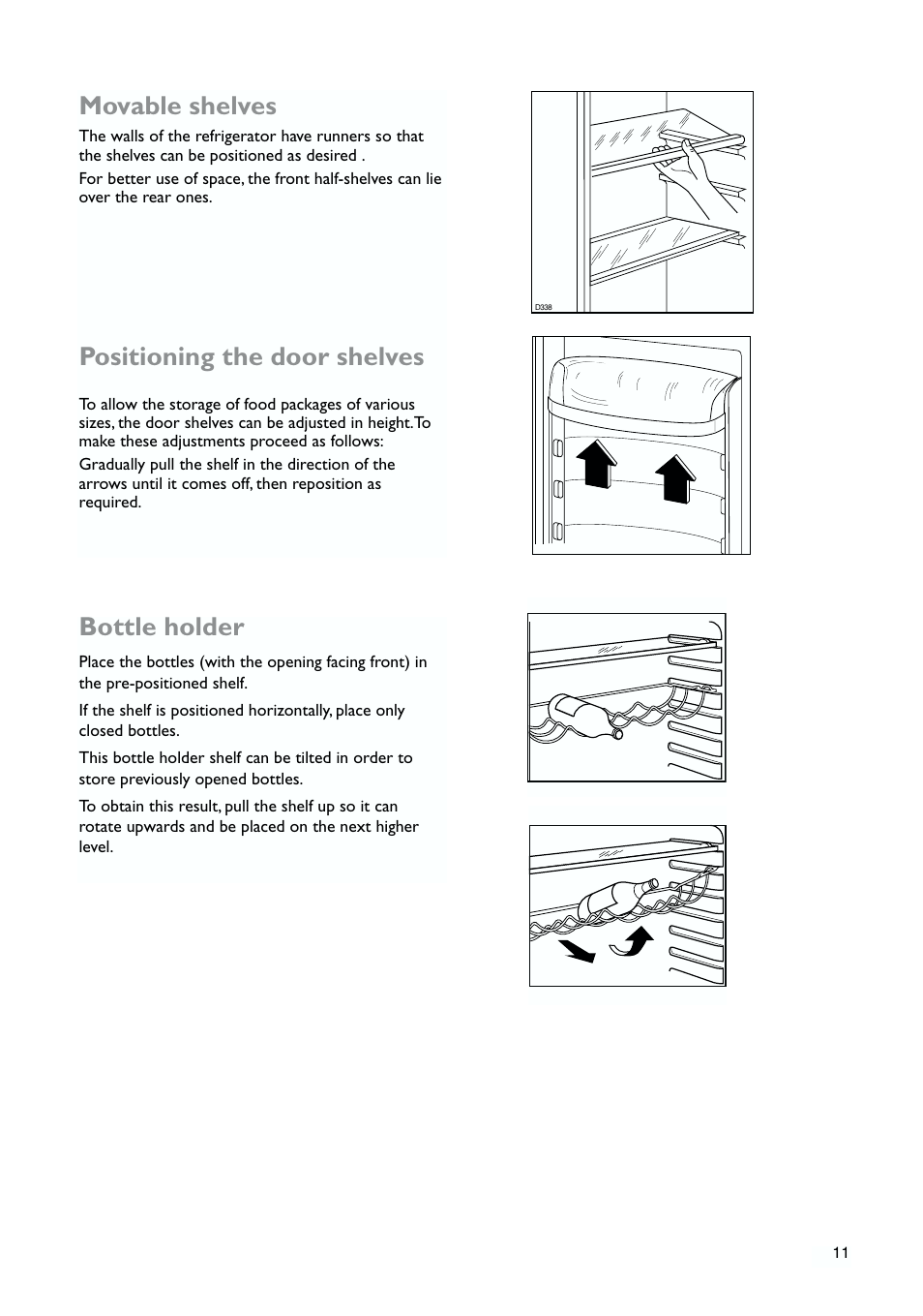Movable shelves, Positioning the door shelves, Bottle holder | John Lewis JLLFW1809 User Manual | Page 11 / 24