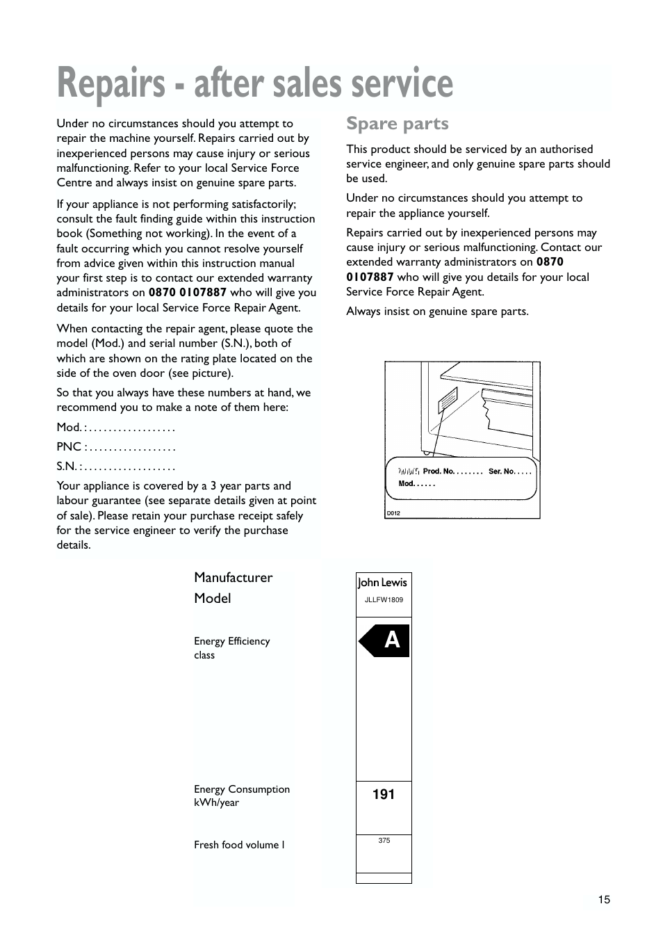 Repairs - after sales service, Spare parts | John Lewis JLLFW1809 User Manual | Page 15 / 24