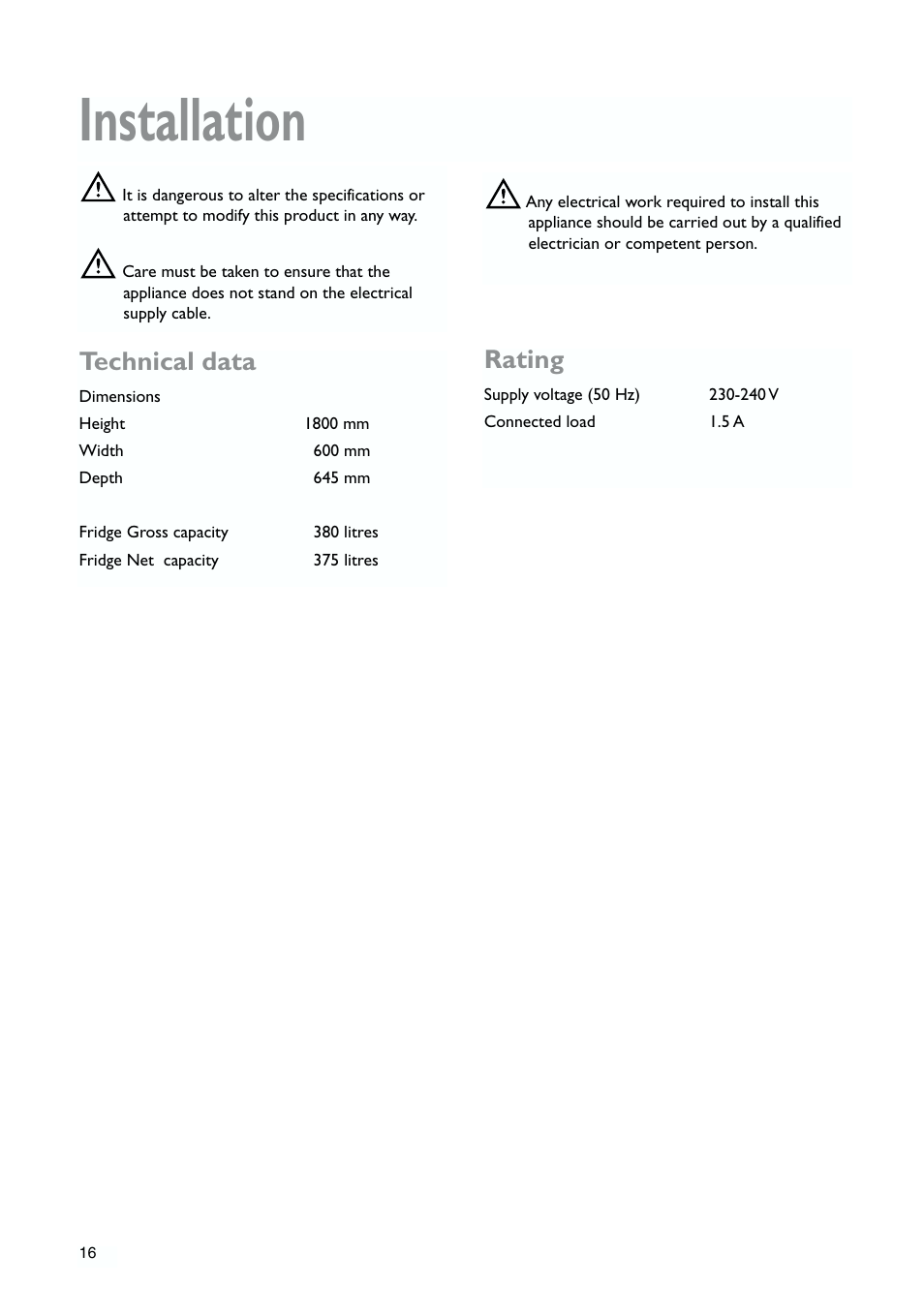 Installation, Technical data, Rating | John Lewis JLLFW1809 User Manual | Page 16 / 24