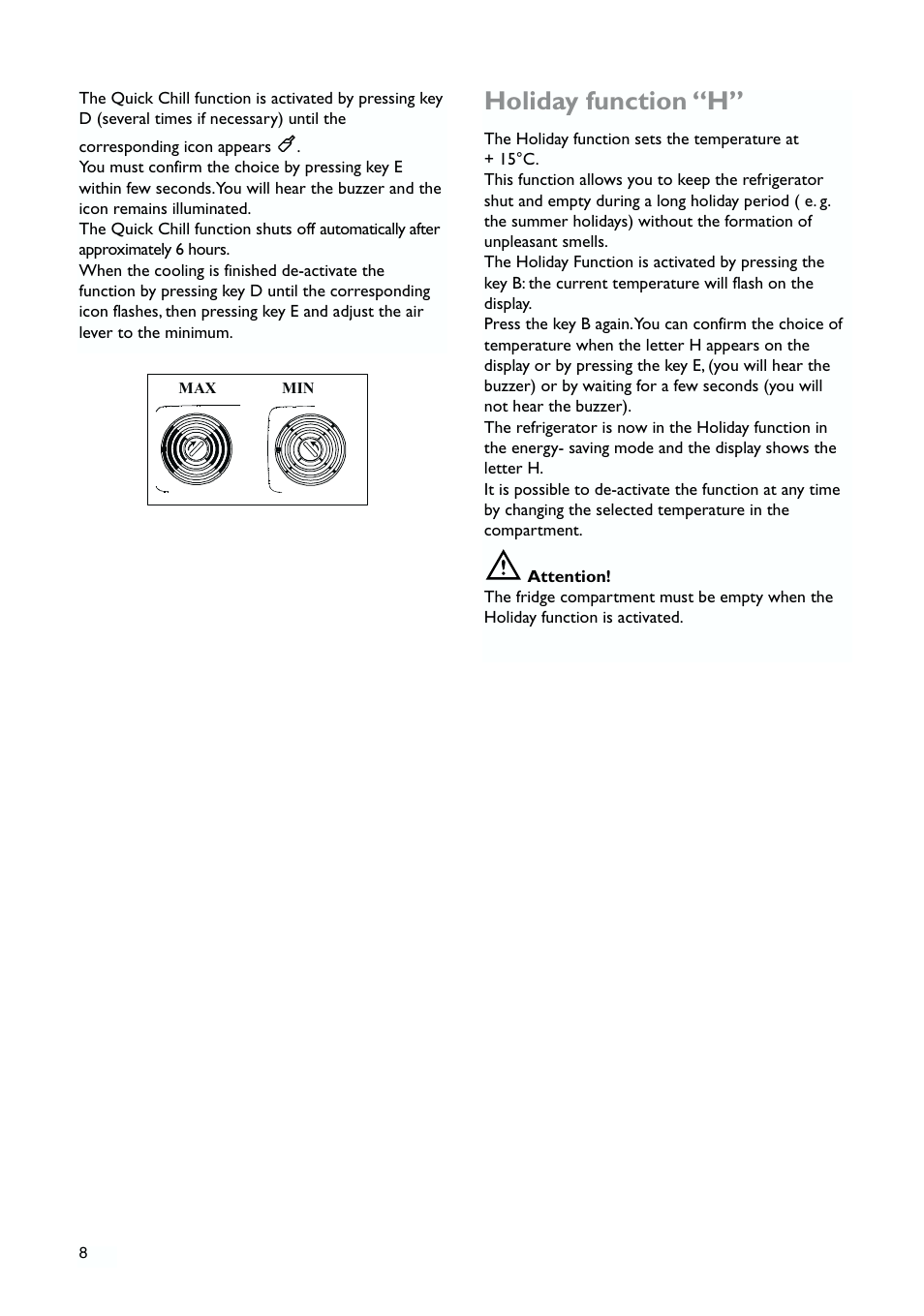 Holiday function “h | John Lewis JLLFW1809 User Manual | Page 8 / 24