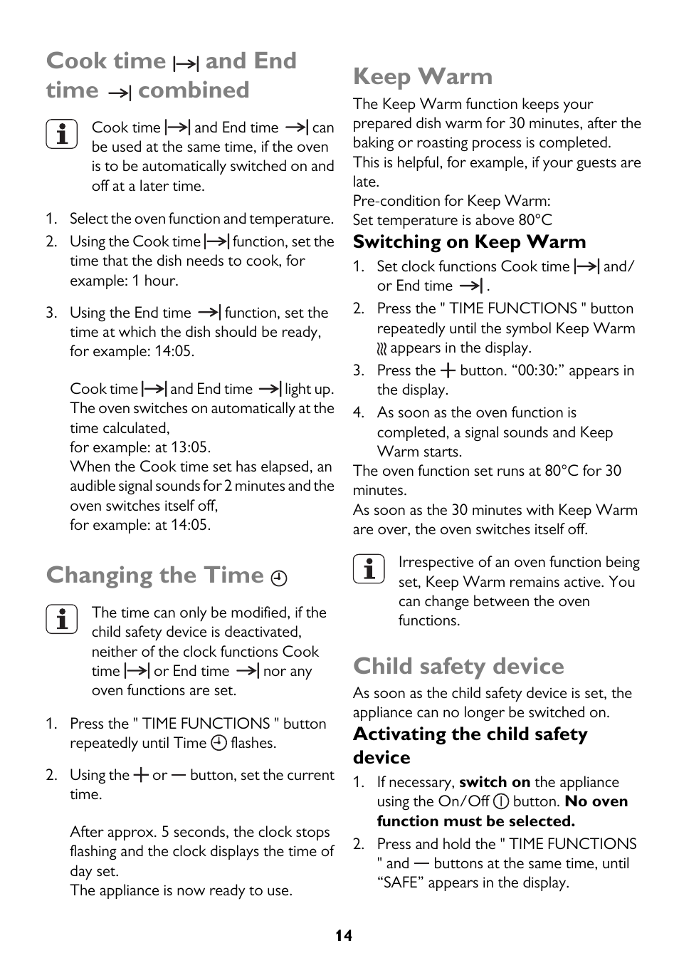 Cook time and end time combined, Changing the time, Keep warm | Child safety device, Switching on keep warm, Activating the child safety device | John Lewis JLBIDU712 User Manual | Page 14 / 40
