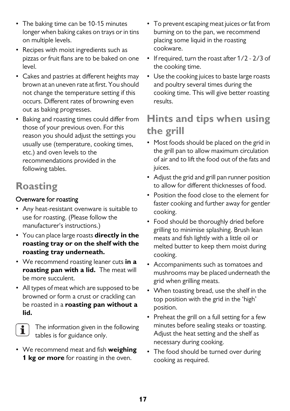 Roasting, Hints and tips when using the grill | John Lewis JLBIDU712 User Manual | Page 17 / 40