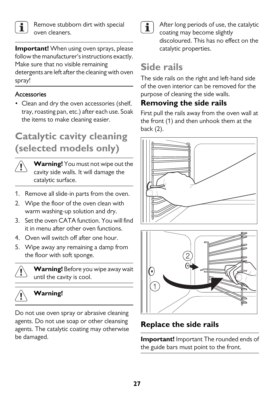 Catalytic cavity cleaning (selected models only), Side rails, Removing the side rails | Replace the side rails | John Lewis JLBIDU712 User Manual | Page 27 / 40
