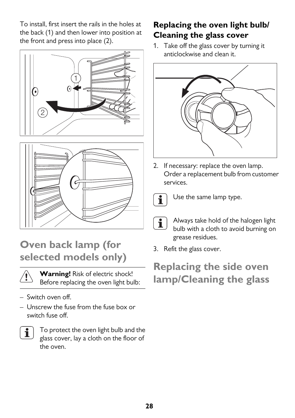 Oven back lamp (for selected models only), Replacing the side oven lamp/cleaning the glass | John Lewis JLBIDU712 User Manual | Page 28 / 40