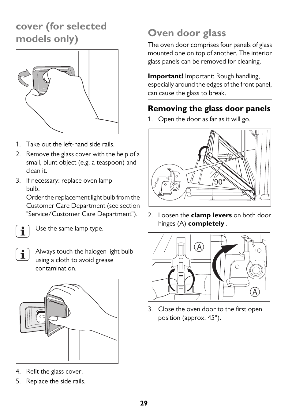 Cover (for selected models only), Oven door glass | John Lewis JLBIDU712 User Manual | Page 29 / 40