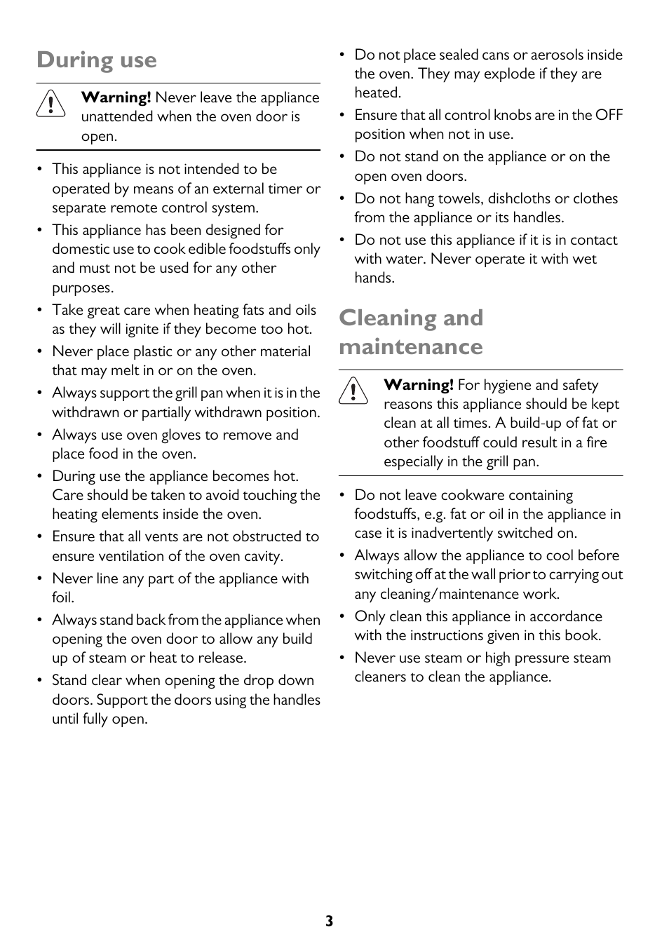 During use, Cleaning and maintenance | John Lewis JLBIDU712 User Manual | Page 3 / 40
