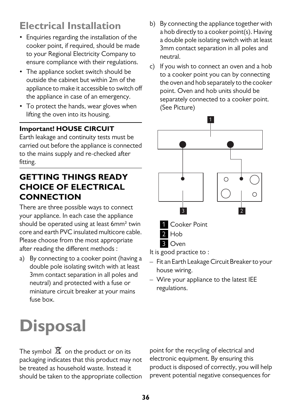 Disposal, Electrical installation | John Lewis JLBIDU712 User Manual | Page 36 / 40