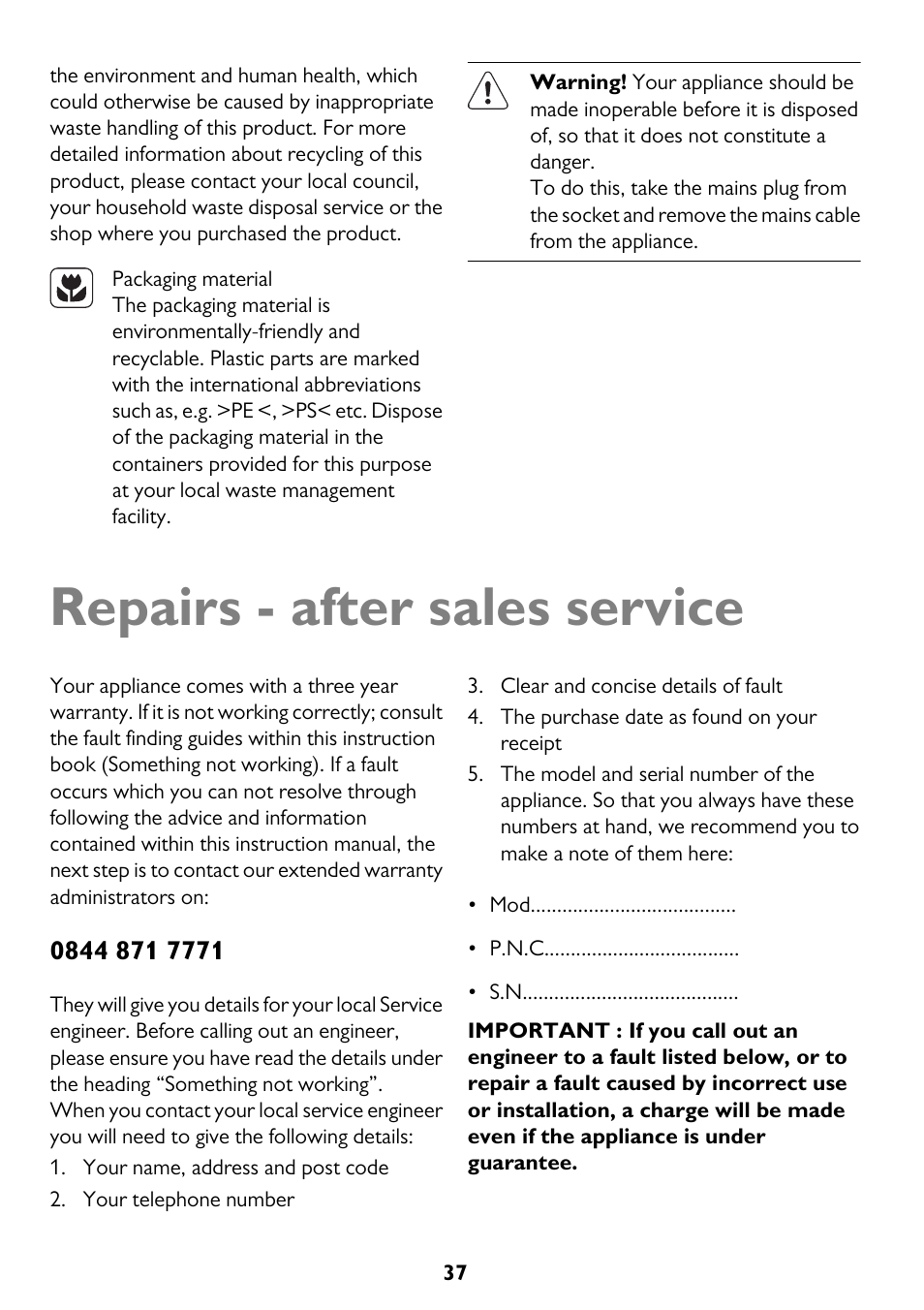 Repairs - after sales service | John Lewis JLBIDU712 User Manual | Page 37 / 40