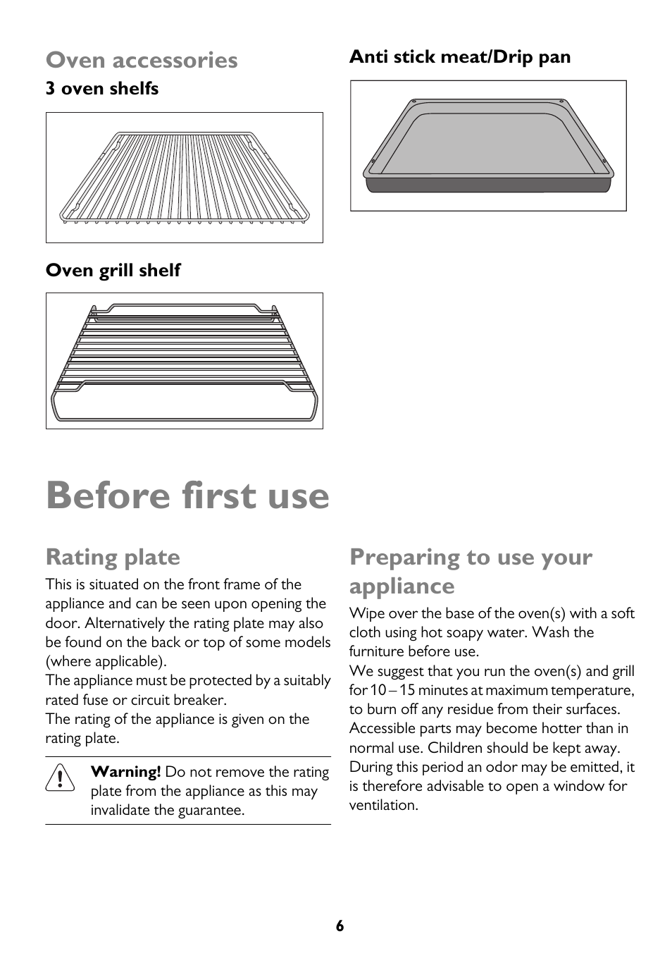 Before first use, Oven accessories, Rating plate | Preparing to use your appliance | John Lewis JLBIDU712 User Manual | Page 6 / 40