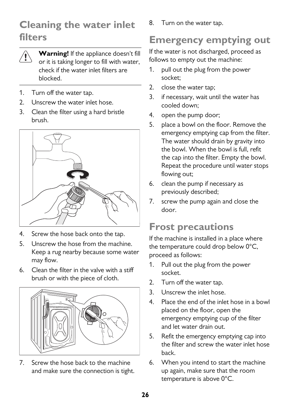 Cleaning the water inlet filters, Emergency emptying out, Frost precautions | John Lewis JLWM 1404 User Manual | Page 26 / 40