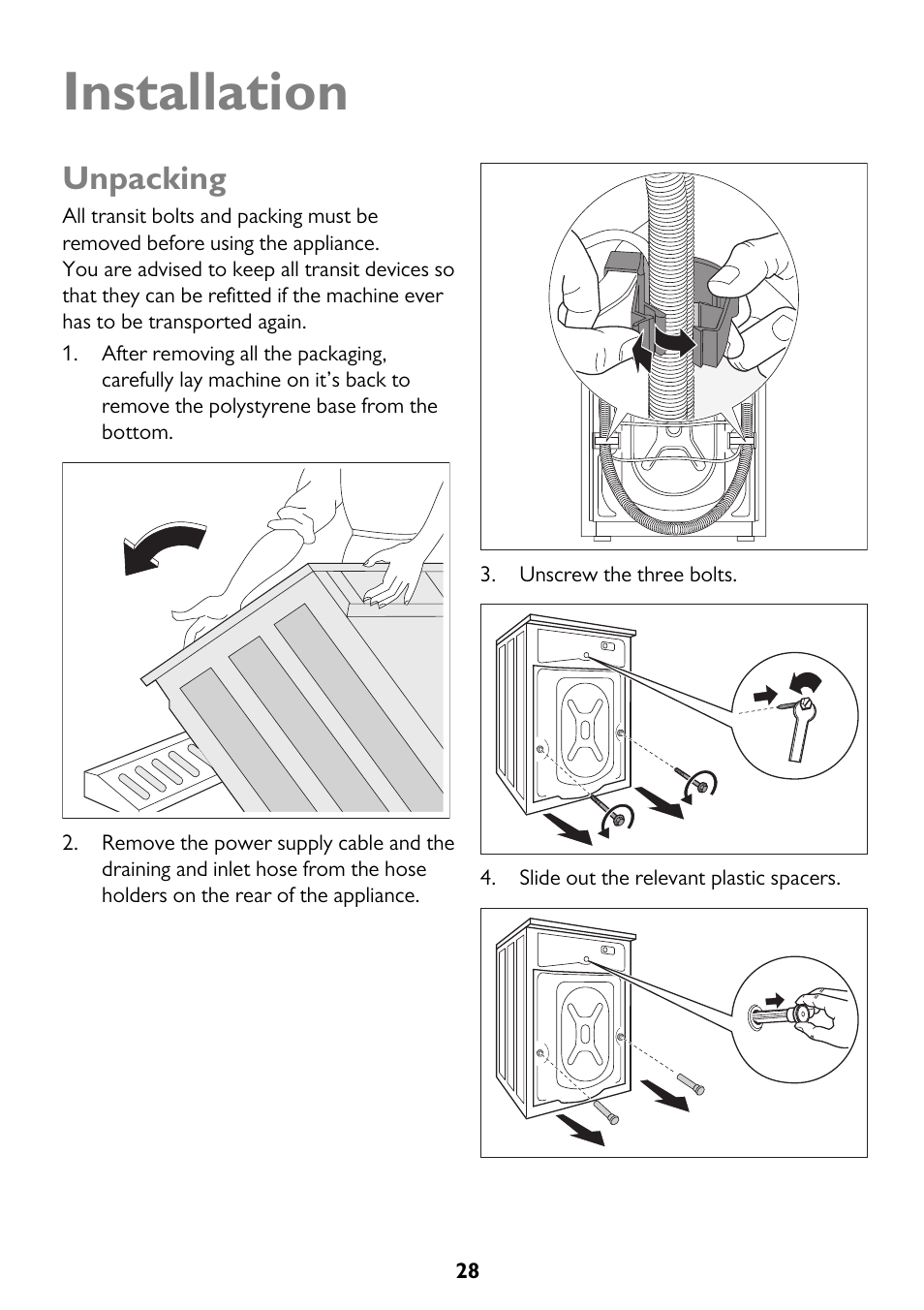 Installation, Unpacking | John Lewis JLWM 1404 User Manual | Page 28 / 40
