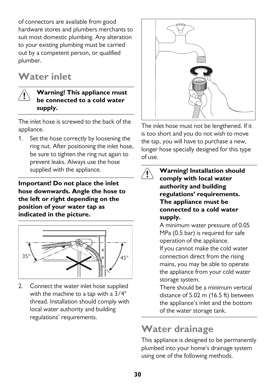 Water inlet, Water drainage | John Lewis JLWM 1404 User Manual | Page 30 / 40