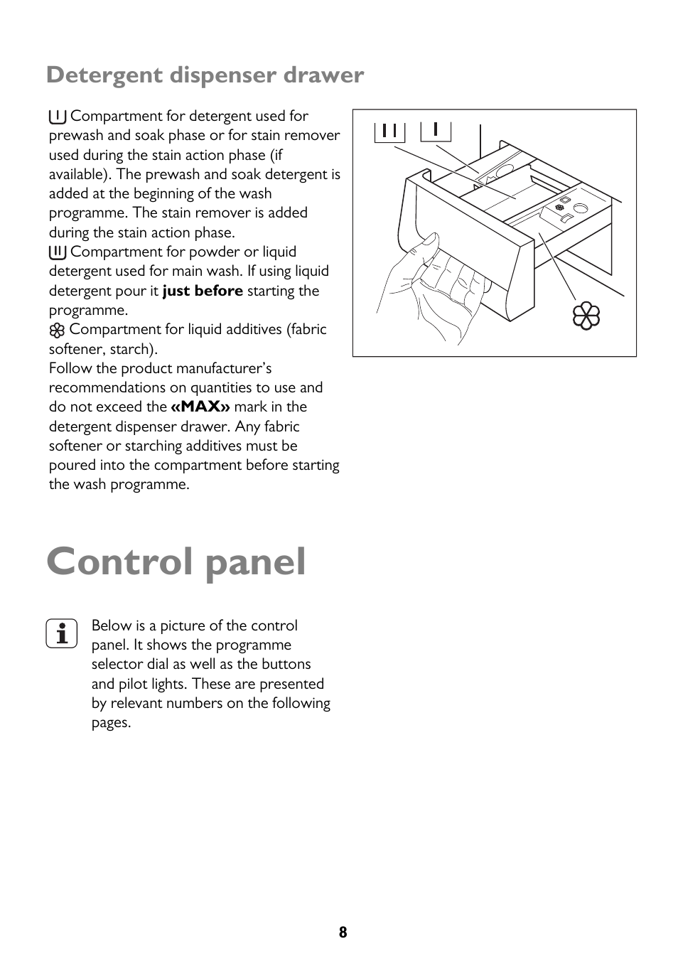Control panel, Detergent dispenser drawer | John Lewis JLWM 1404 User Manual | Page 8 / 40