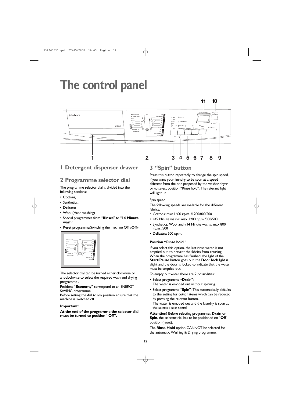 The control panel, 3 “spin” button | John Lewis JLWD 1609 User Manual | Page 12 / 32