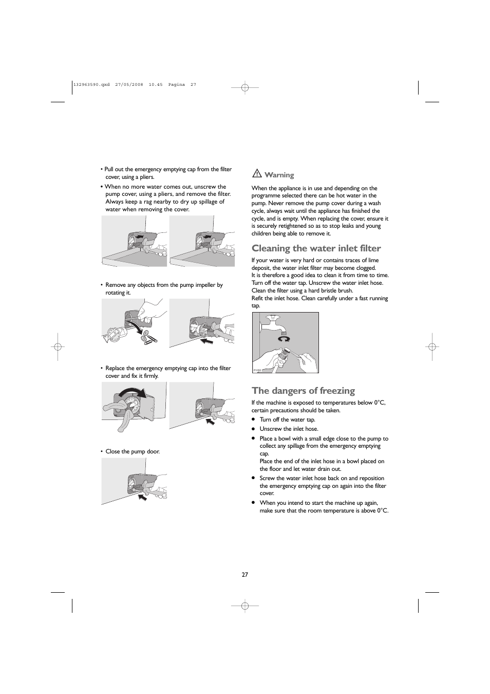 Cleaning the water inlet filter, The dangers of freezing | John Lewis JLWD 1609 User Manual | Page 27 / 32