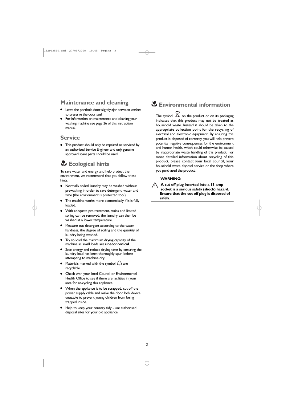 Maintenance and cleaning, Service, Ecological hints | Environmental information | John Lewis JLWD 1609 User Manual | Page 3 / 32