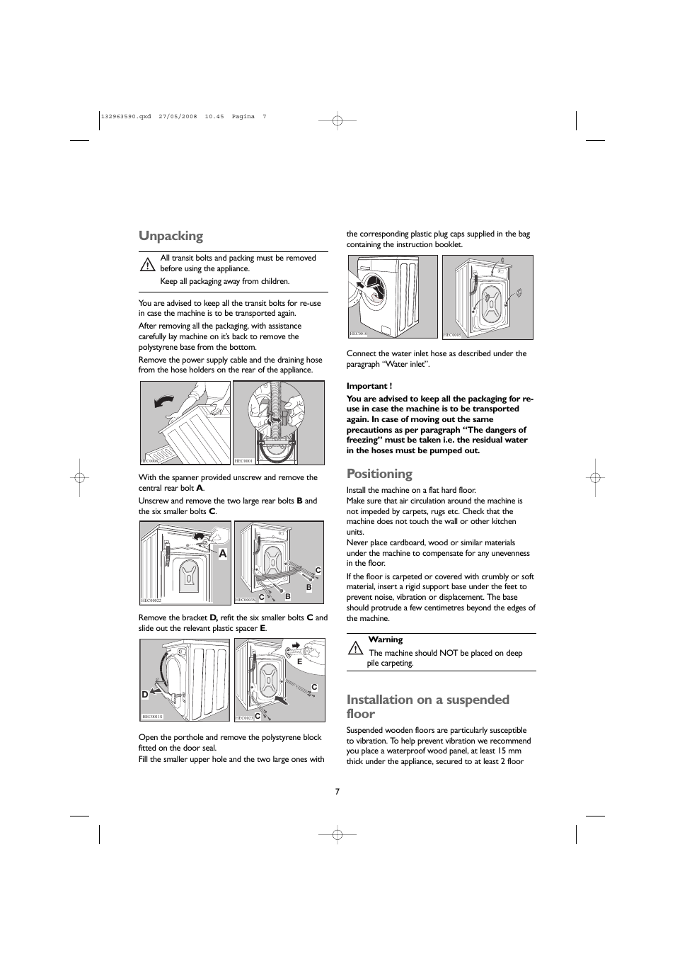 Unpacking, Positioning, Installation on a suspended floor | John Lewis JLWD 1609 User Manual | Page 7 / 32