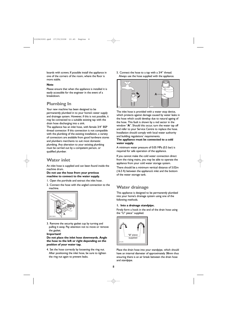 Plumbing in, Water inlet, Water drainage | John Lewis JLWD 1609 User Manual | Page 8 / 32