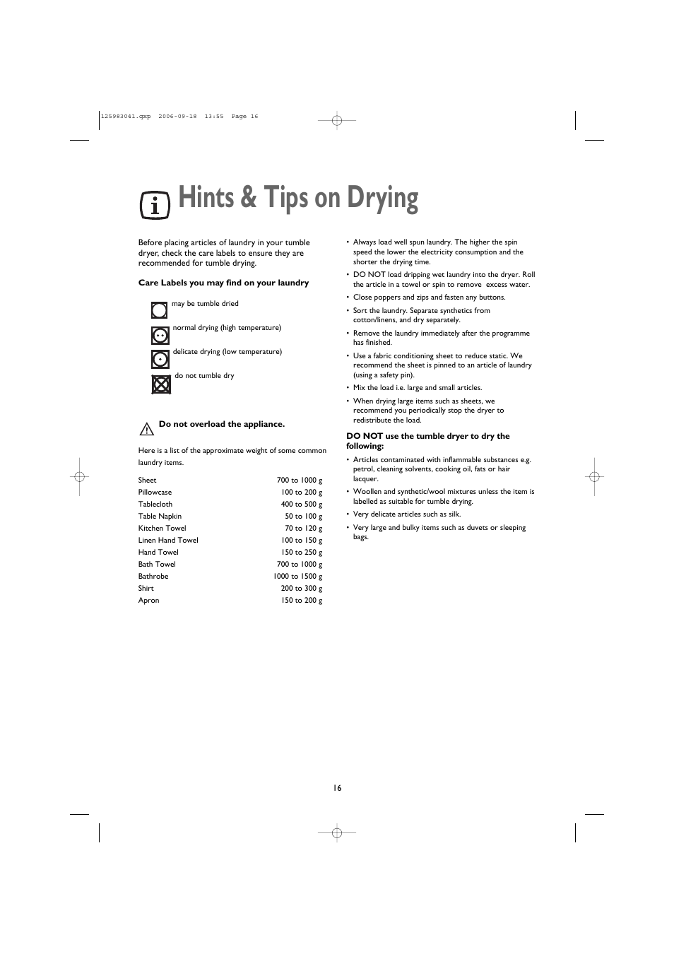 Hints & tips on drying | John Lewis JLTDC06 User Manual | Page 16 / 22