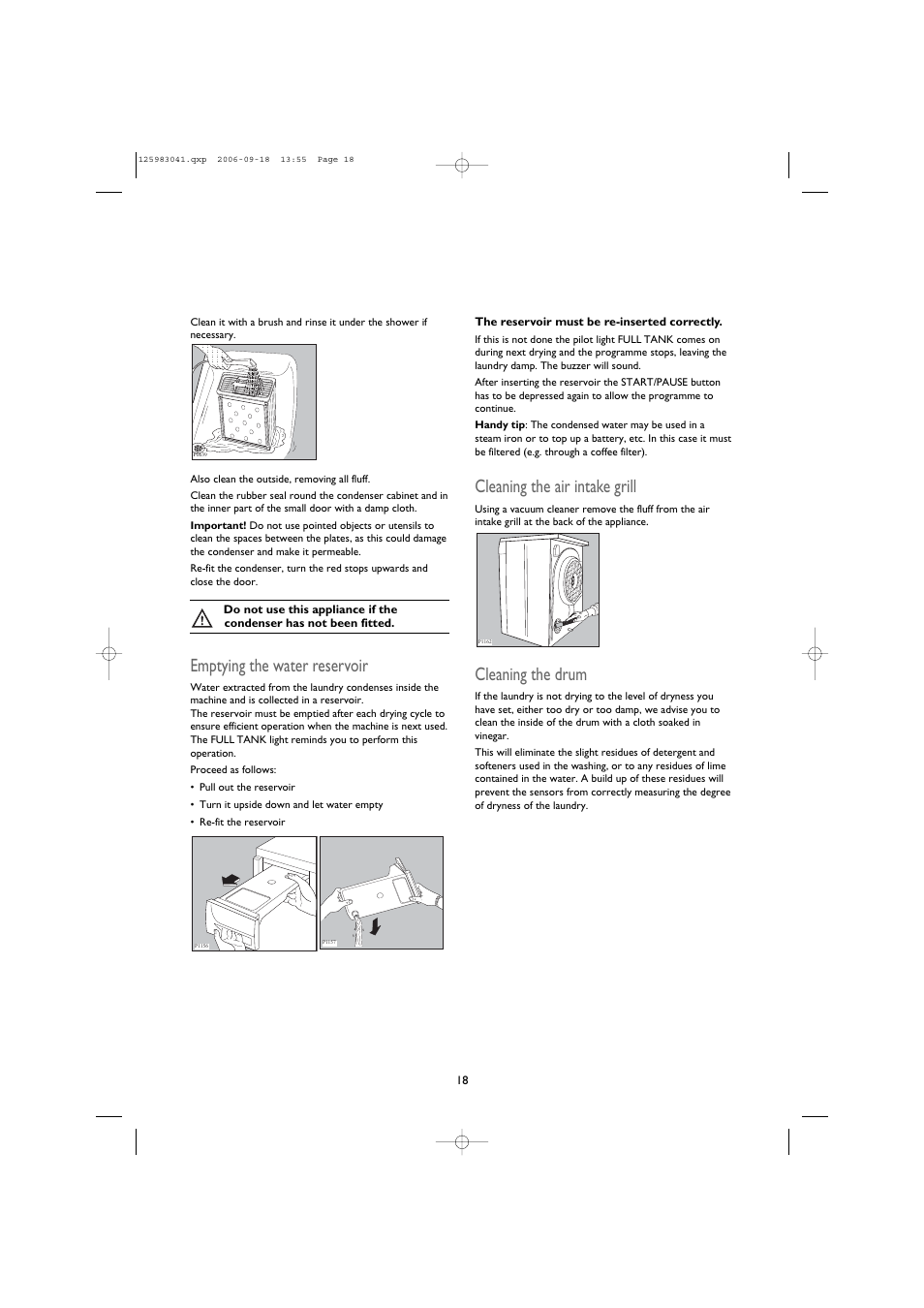 Emptying the water reservoir, Cleaning the air intake grill, Cleaning the drum | John Lewis JLTDC06 User Manual | Page 18 / 22