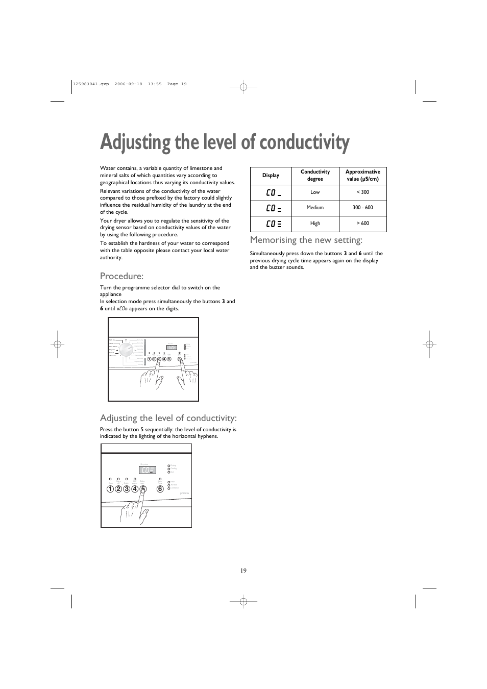 Adjusting the level of conductivity, Procedure, Cc 0 0 | John Lewis JLTDC06 User Manual | Page 19 / 22